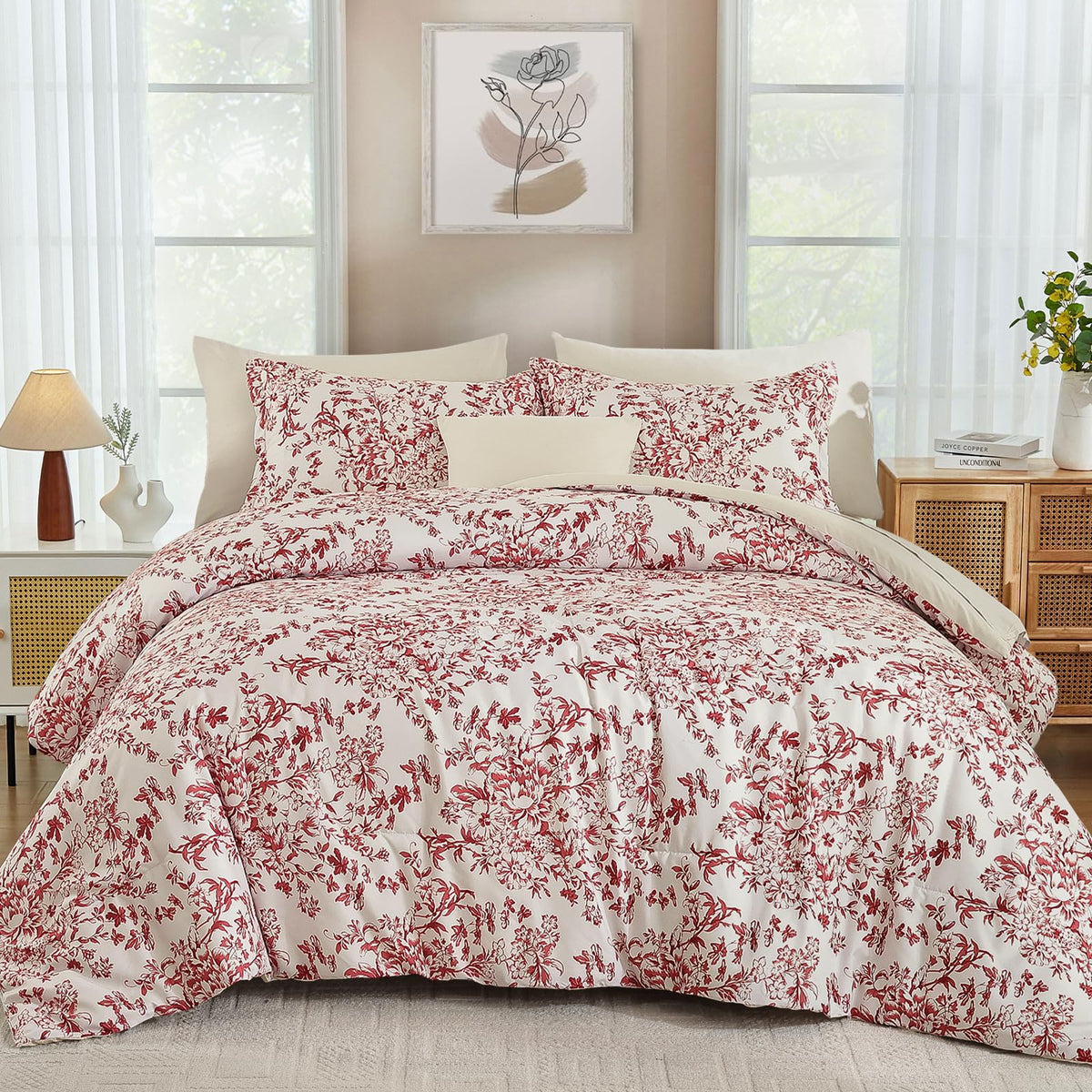 WONGS BEDDING 8 Pieces Queen Size Comforter Set Green, Sage Green Floral Bed in a Bag Comforter Sets, Soft Reversible Botanical Flowers Bedding Sets for All Season (90"x90")