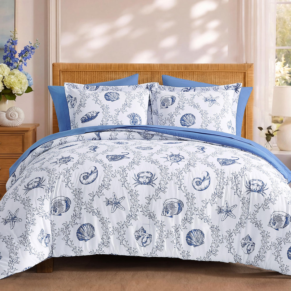 BLOOMHAVEN King Size Comforter Set-7 Pieces Blue Floral Bed in a Bag King
