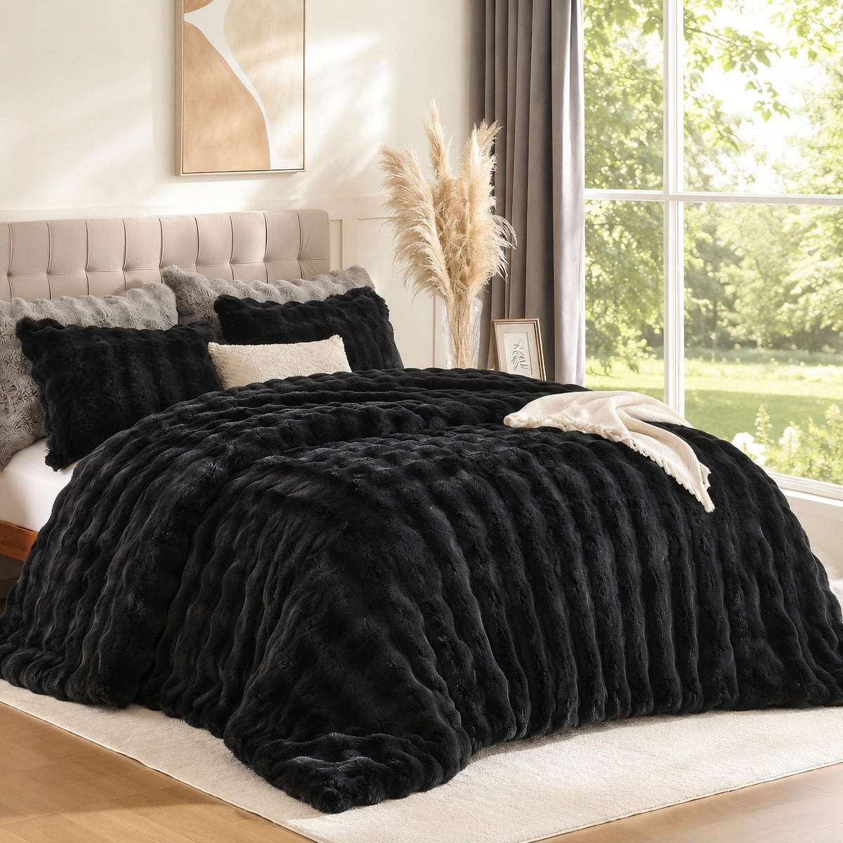 YIKUSH Queen Faux Fur Soft Comforter Set, Fluffy Linen Rabbit Fur Comforter