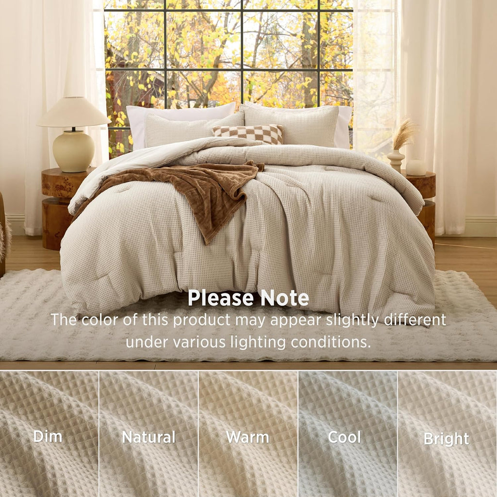 Bedsure Upgraded 3D Waffle Comforter Set King Size, Beige Bedding 3 Pcs