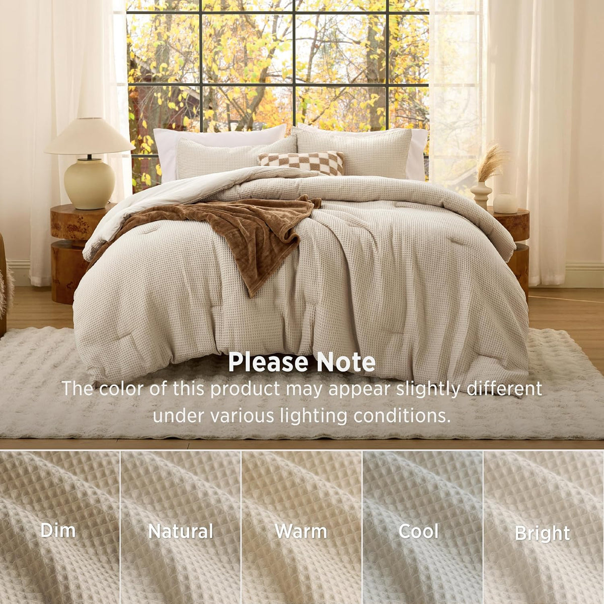 Bedsure Upgraded 3D Waffle Comforter Set King Size, Beige Bedding 3 Pcs