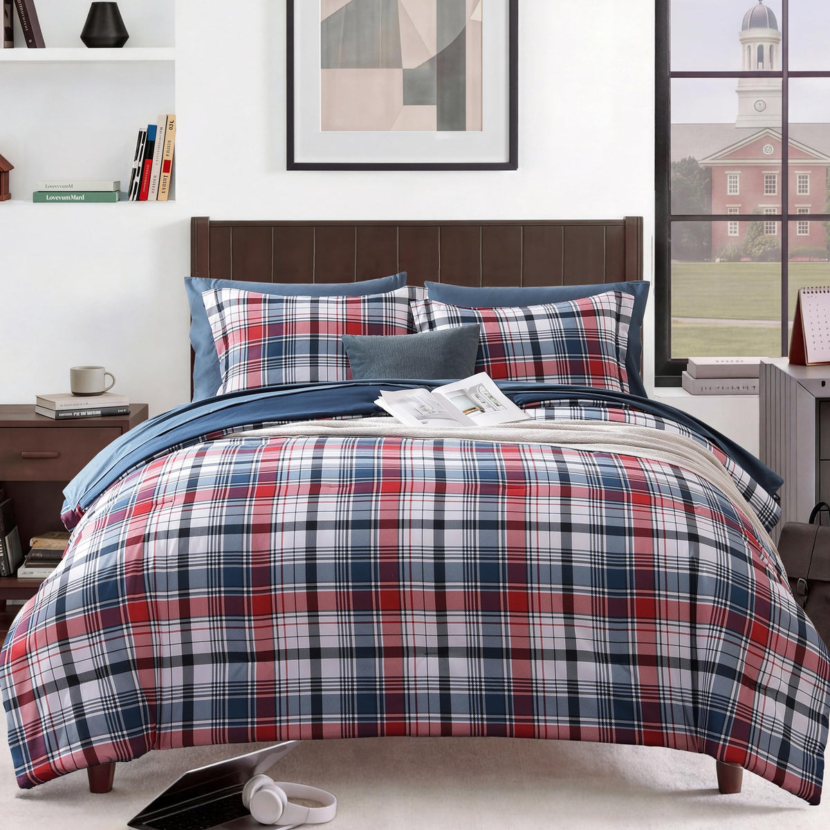 MaiRêve Plaid Queen Comforter Set Navy Blue 7 Pieces Bed in a Bag