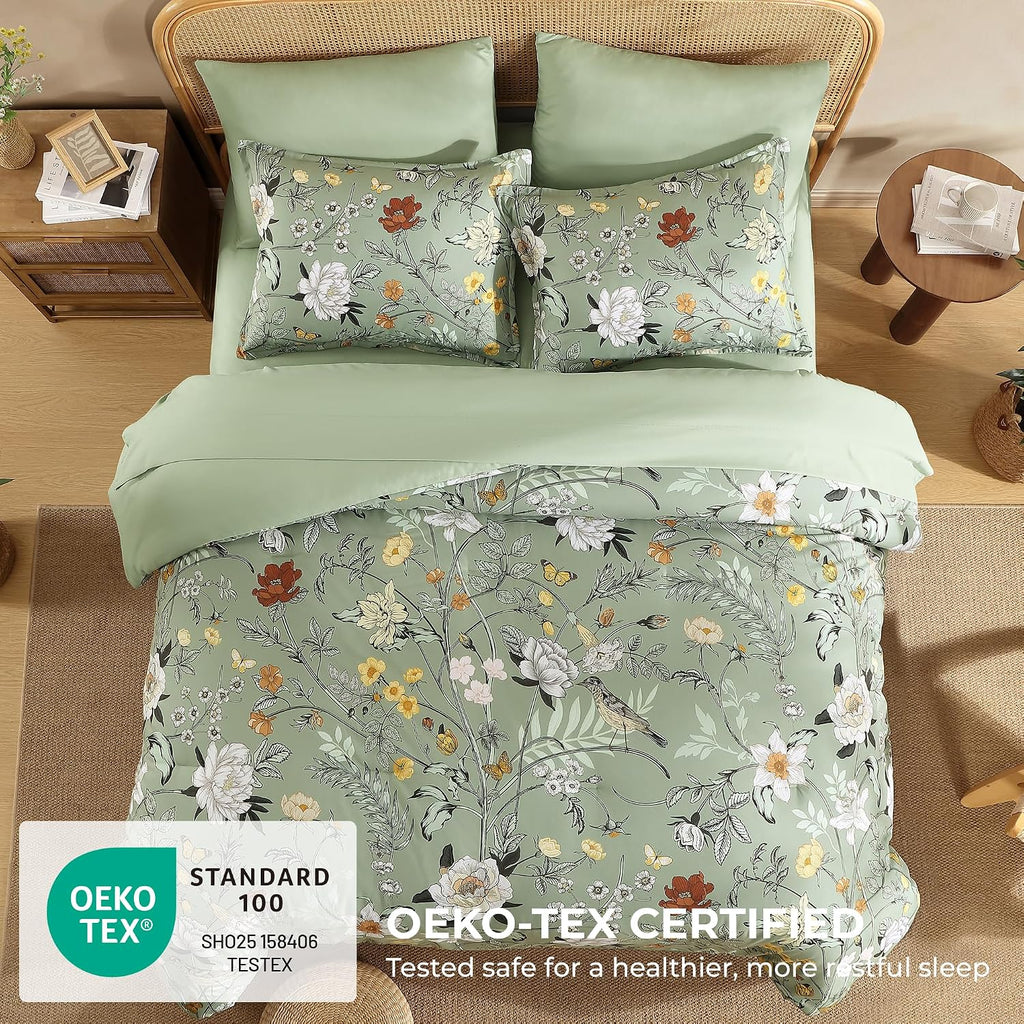 Litanika Floral Green Comforter Queen Size-7 Piece Botanical Birds Bedding