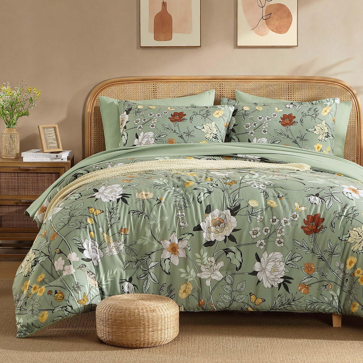 Litanika Floral Green Comforter Queen Size-7 Piece Botanical Birds Bedding