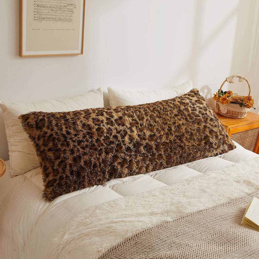 XeGe 20x54 Fluffy Faux Fur Leopard Print Body Pillow Cover, Cheetah Brown