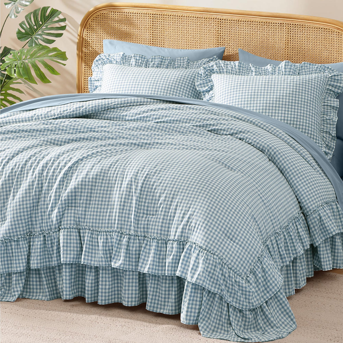 Queen Comforter Set Soft Pink Ruffle 7 Pieces Farmhouse Bed in a Bag