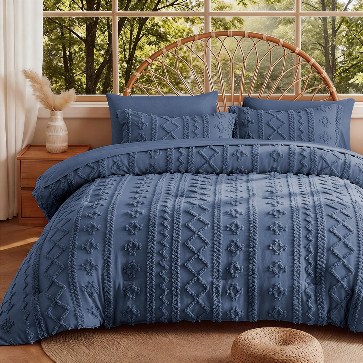 MR&HM Queen Comforter Set 7 Pieces, Fluffy Tufted Boho Beddding Set Beige