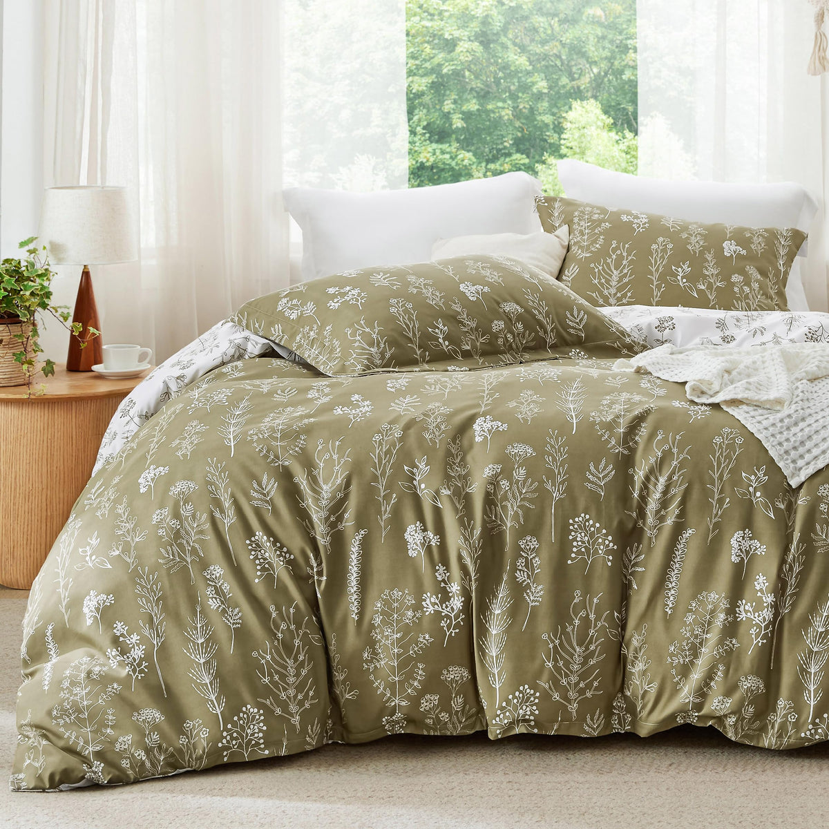Bedsure Floral Comforter Set Cute Bedding Set California King Sage Green