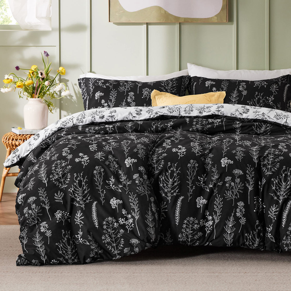 Bedsure Floral Comforter Set Cute Bedding Set California King Sage Green