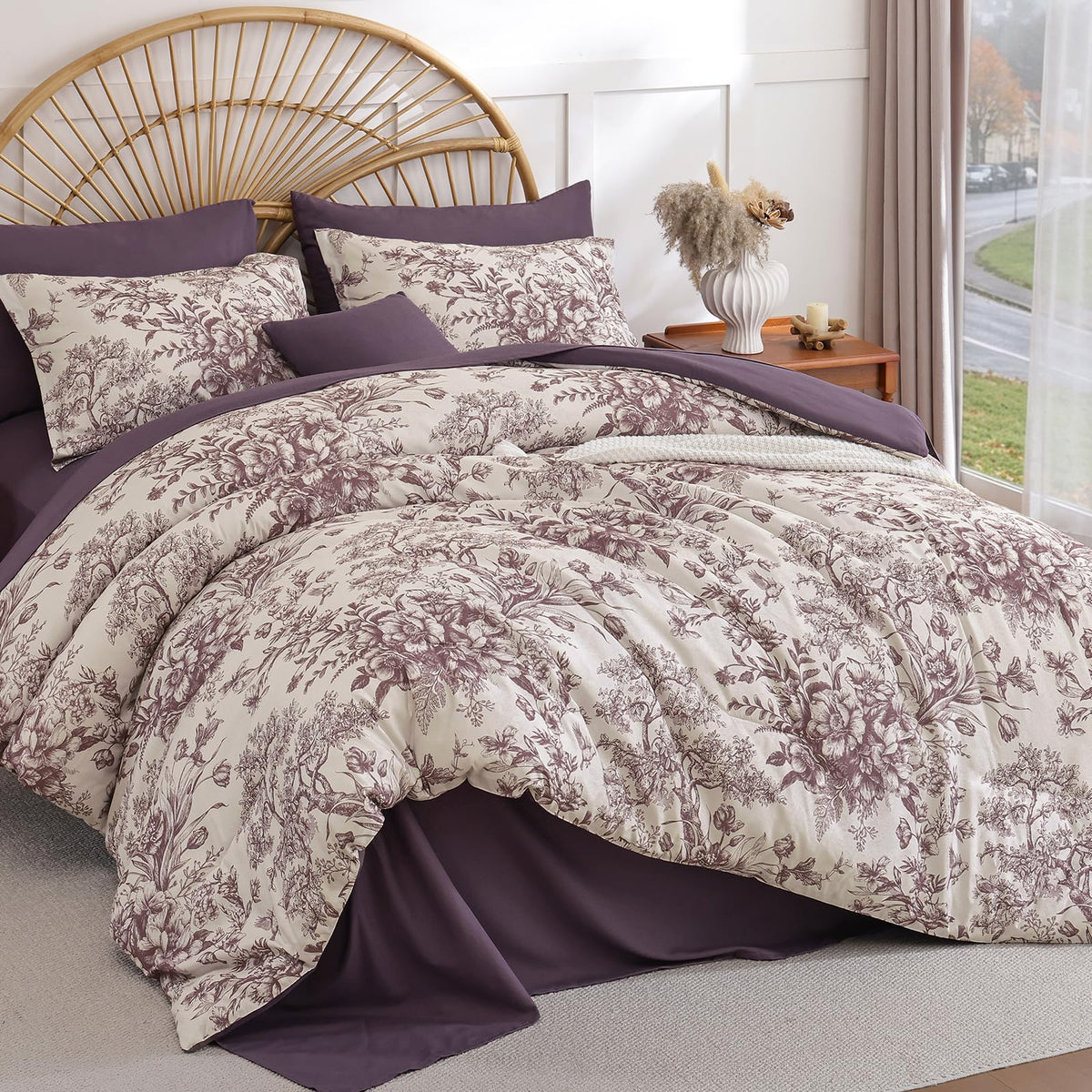 Queen Comforter Set 8 Pieces, Floral Comforter Set Blue, Bed in a Bag Queen