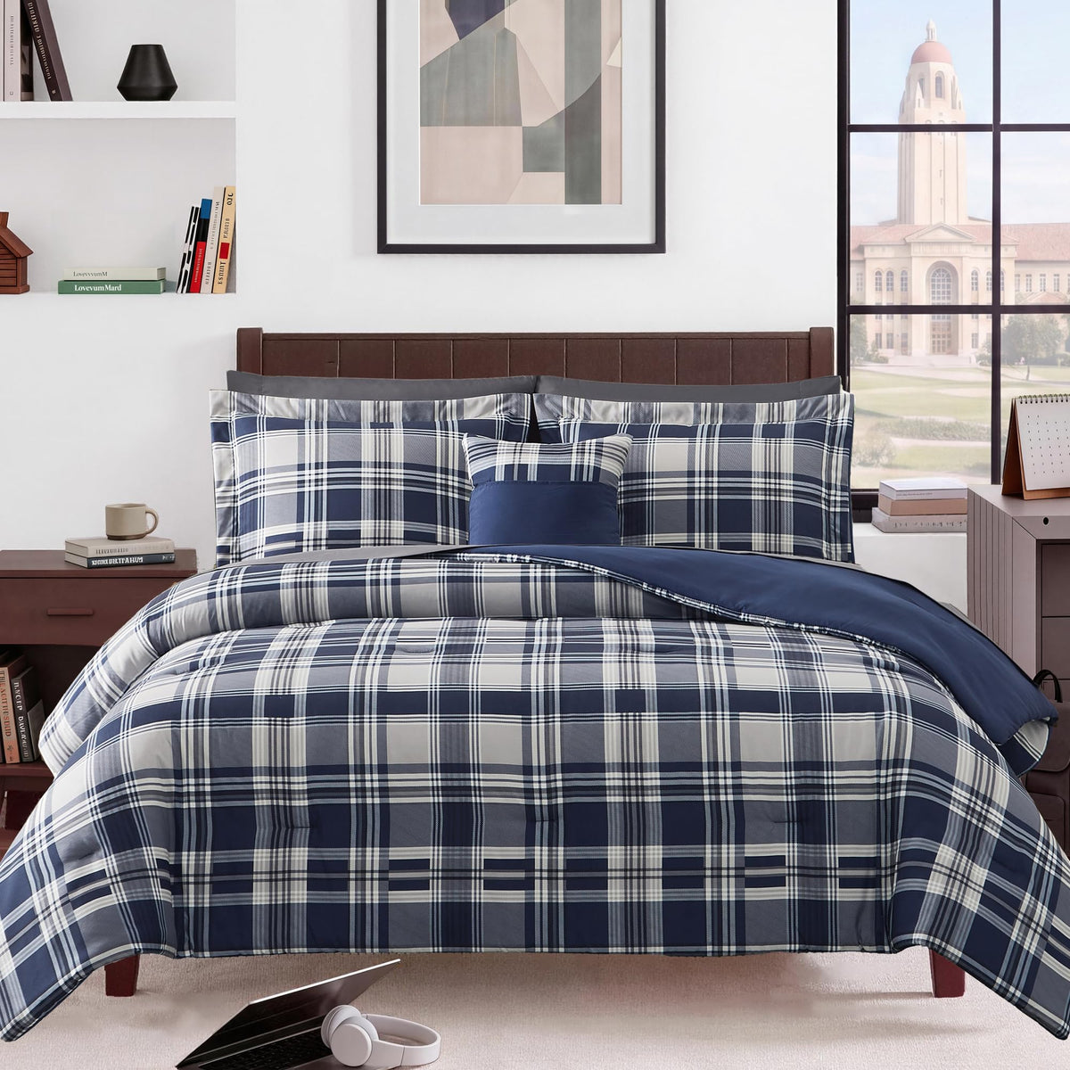 MaiRêve Plaid Queen Comforter Set Navy Blue 7 Pieces Bed in a Bag