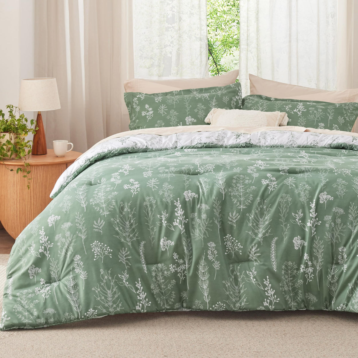Bedsure Floral Comforter Set Cute Bedding Set California King Sage Green