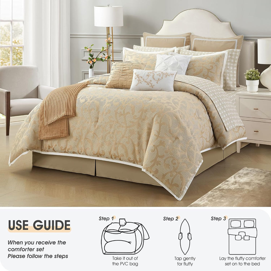 LANCO MODERN LIFESTYLE Taupe California King Comforter Set, Classic Jacquard Floral 14 Pieces Bedding Set, Ultra Soft for All Seasons, Sheets, Bedskirt, Throw,Matching Shams and Decor Pillows