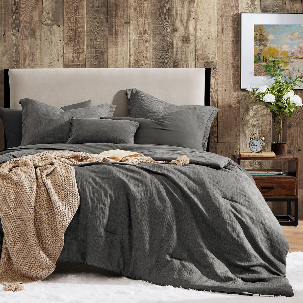 King Comforter Set - 7 Pieces Green Textured Bed in a Bag King Bedding Set