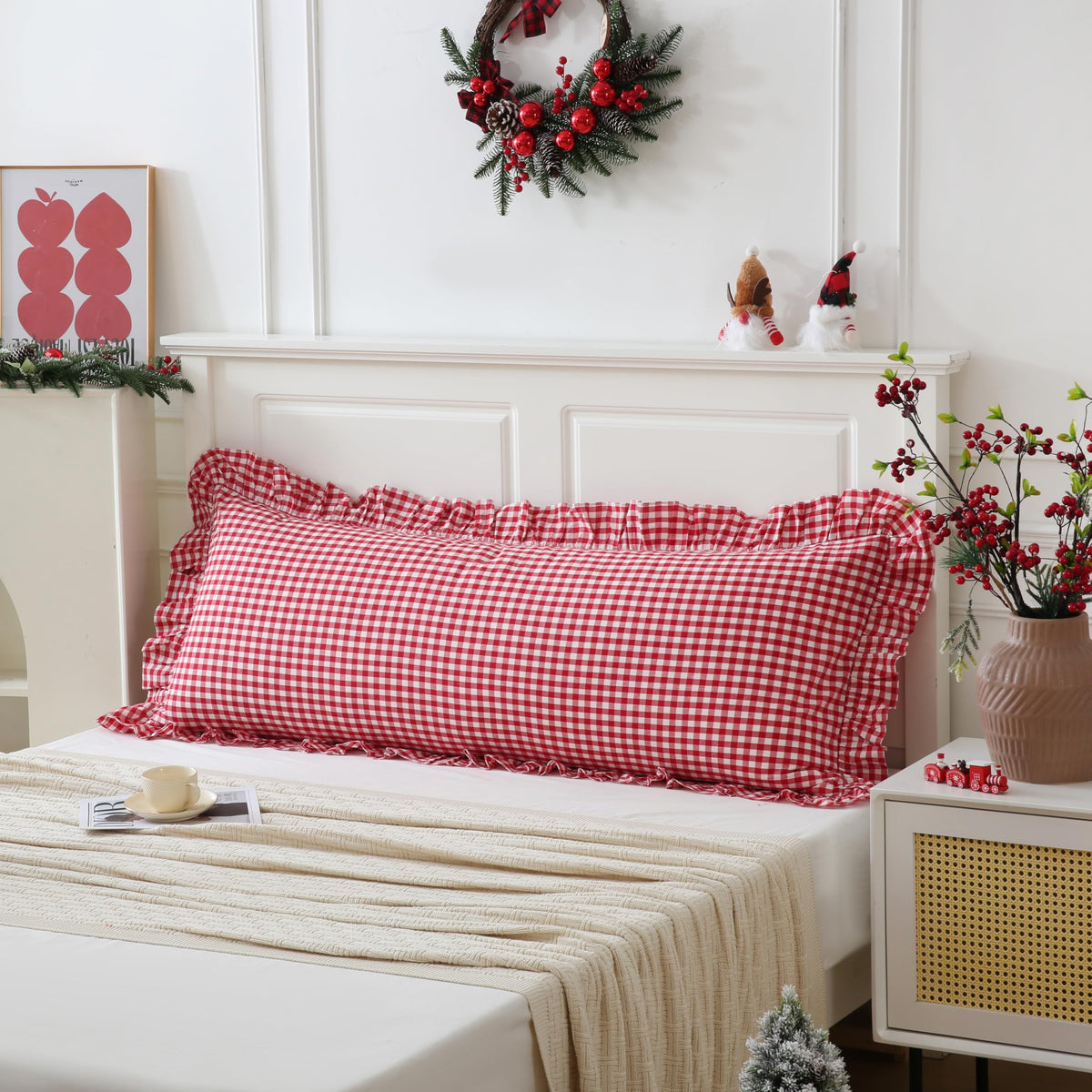 Taupe/White Plaid Ruffled Body Pillow Cover Washed Cotton 20"x54"