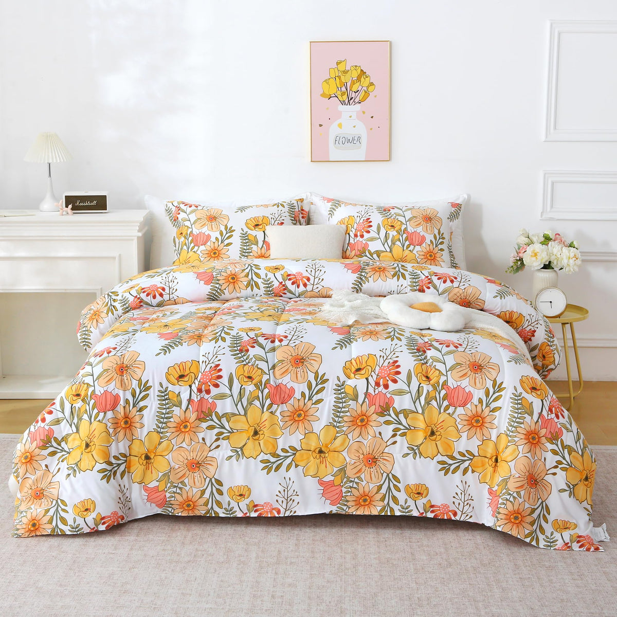 Mooreeke Floral Queen Size Comforter Sets, Lightweight Purple Lavender Botanical Printed Bedding for All Seasons, 3-Piece Vintage Bed in a Bag with Fluffy Quilted Reversible Comforter & 2 Pillow Shams