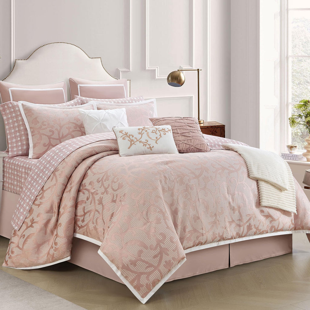 LANCO MODERN LIFESTYLE Taupe California King Comforter Set, Classic Jacquard Floral 14 Pieces Bedding Set, Ultra Soft for All Seasons, Sheets, Bedskirt, Throw,Matching Shams and Decor Pillows