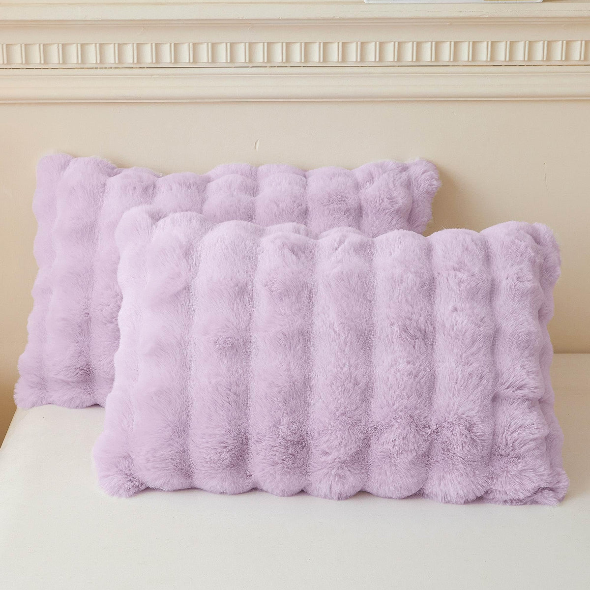 LIFEREVO 2 Pack Fluffy Faux Rabbit Fur Standard Pillow Cases, Beige