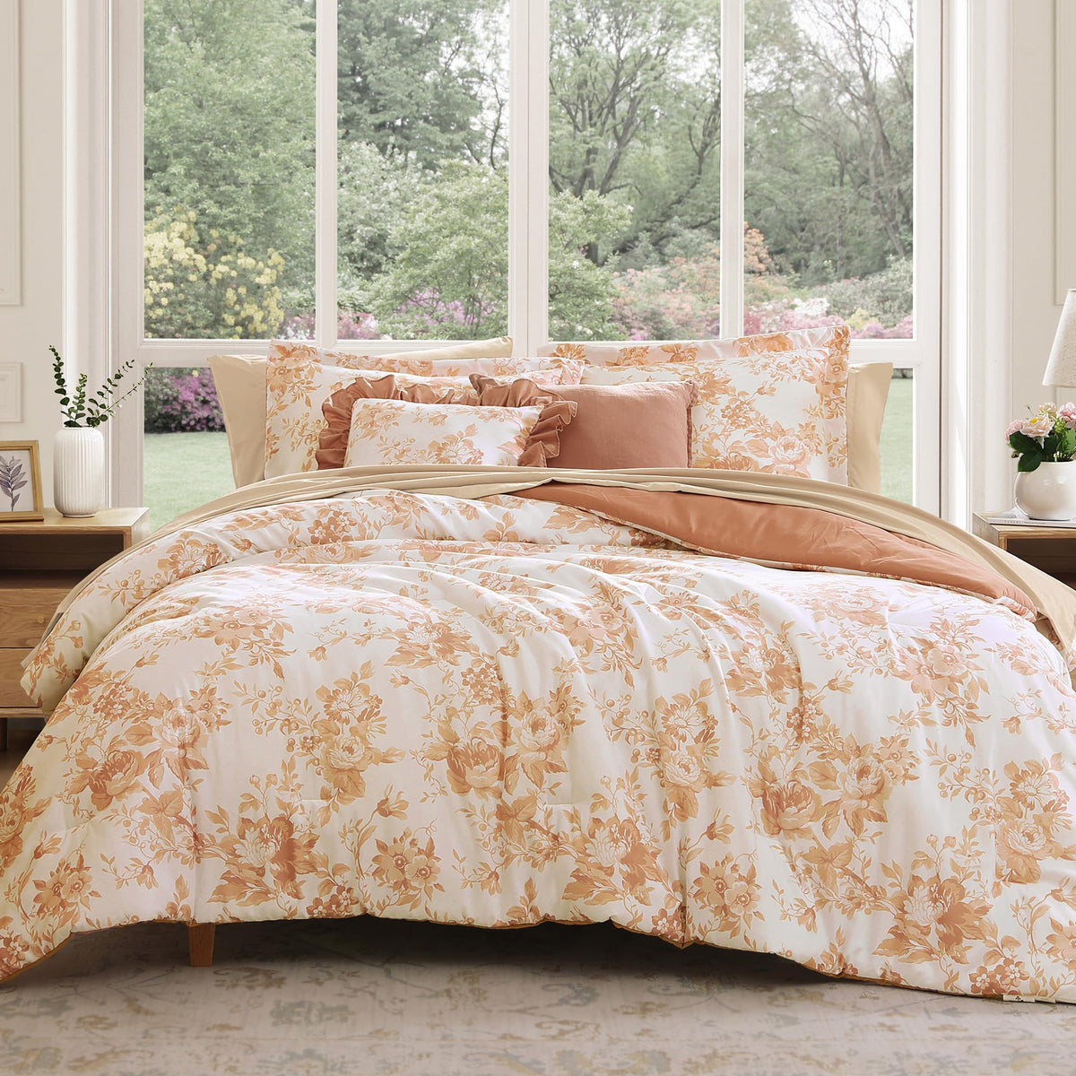 BLOOMHAVEN King Size Comforter Set-7 Pieces Blue Floral Bed in a Bag King