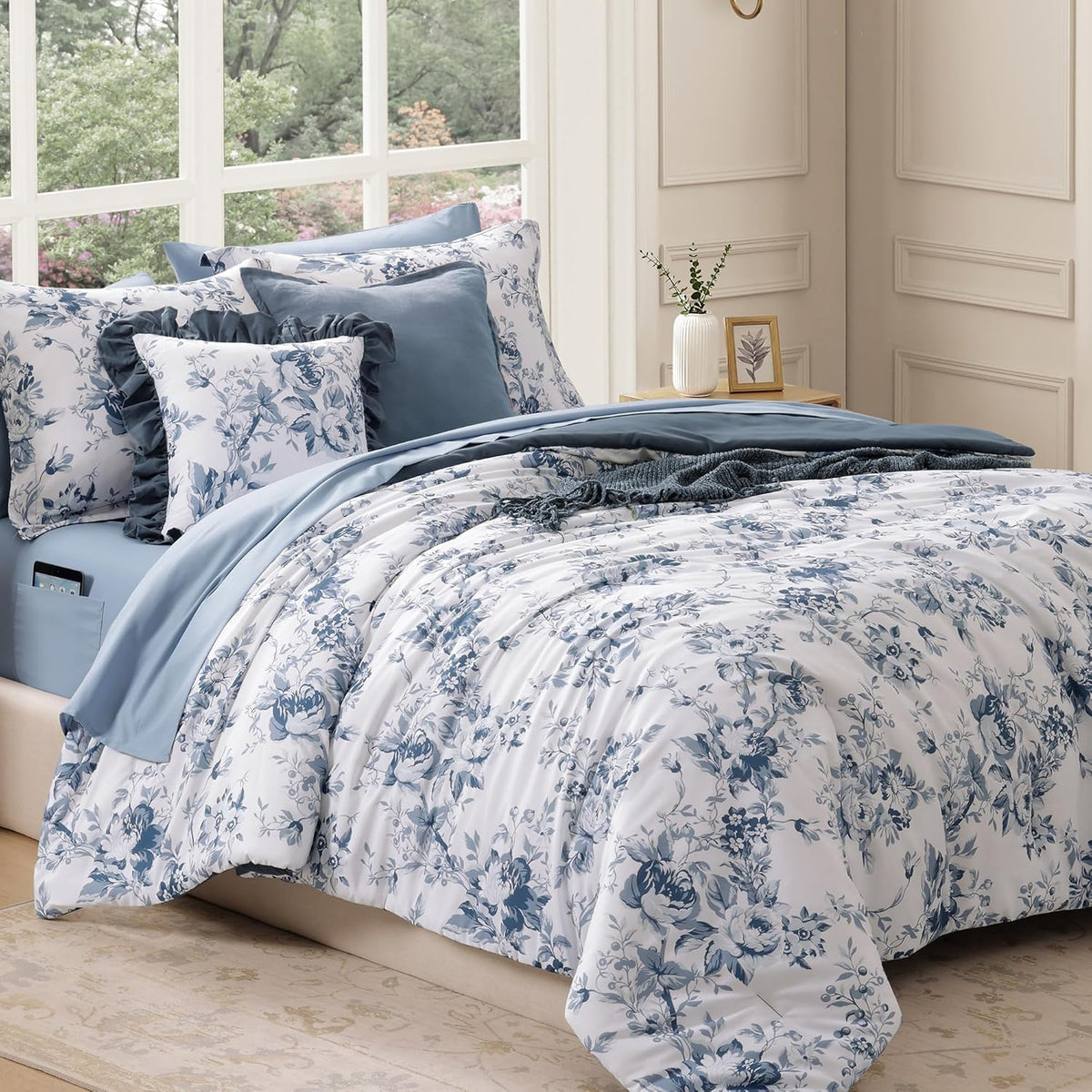 BLOOMHAVEN King Size Comforter Set-7 Pieces Blue Floral Bed in a Bag King