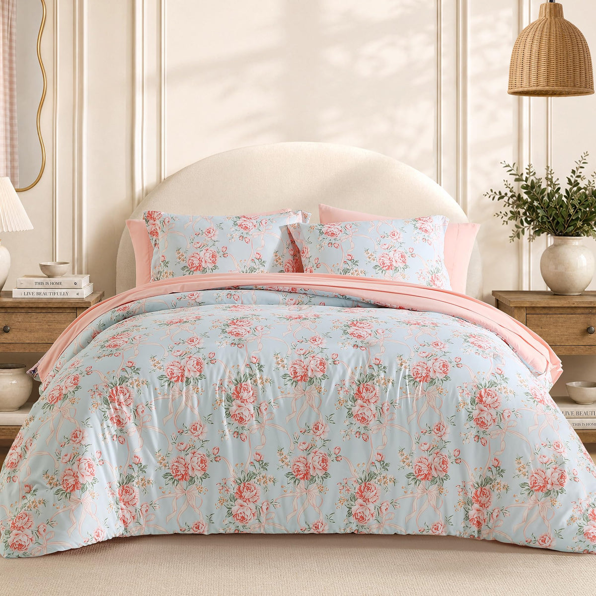 BLOOMHAVEN King Size Comforter Set-7 Pieces Blue Floral Bed in a Bag King