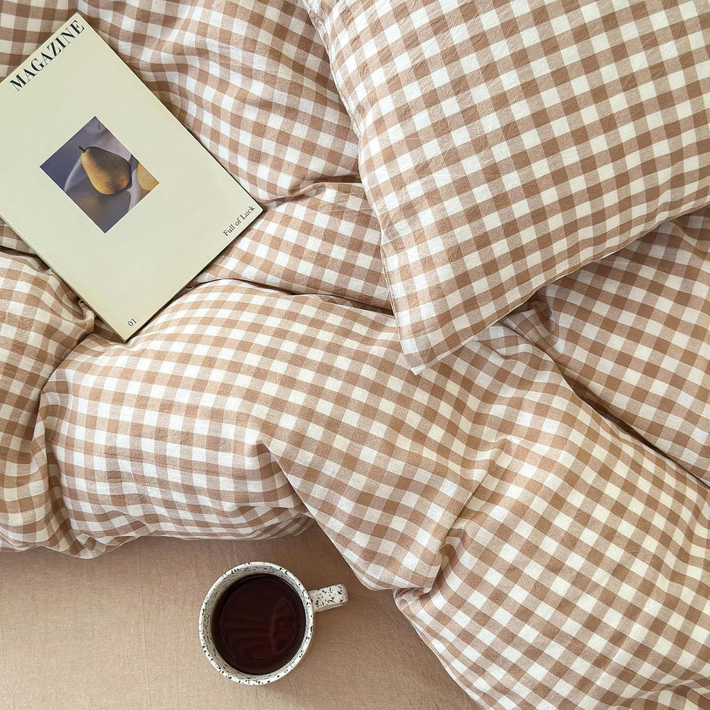 Tan Gingham Pillowcases Set Farmhouse Standard Size Pillow Shams Buffalo Taupe Plaid Pillowcases Set of 2, Grid Checkered Gingham Washed Cotton Pillow Covers with Envelope Closure, 20"×26"