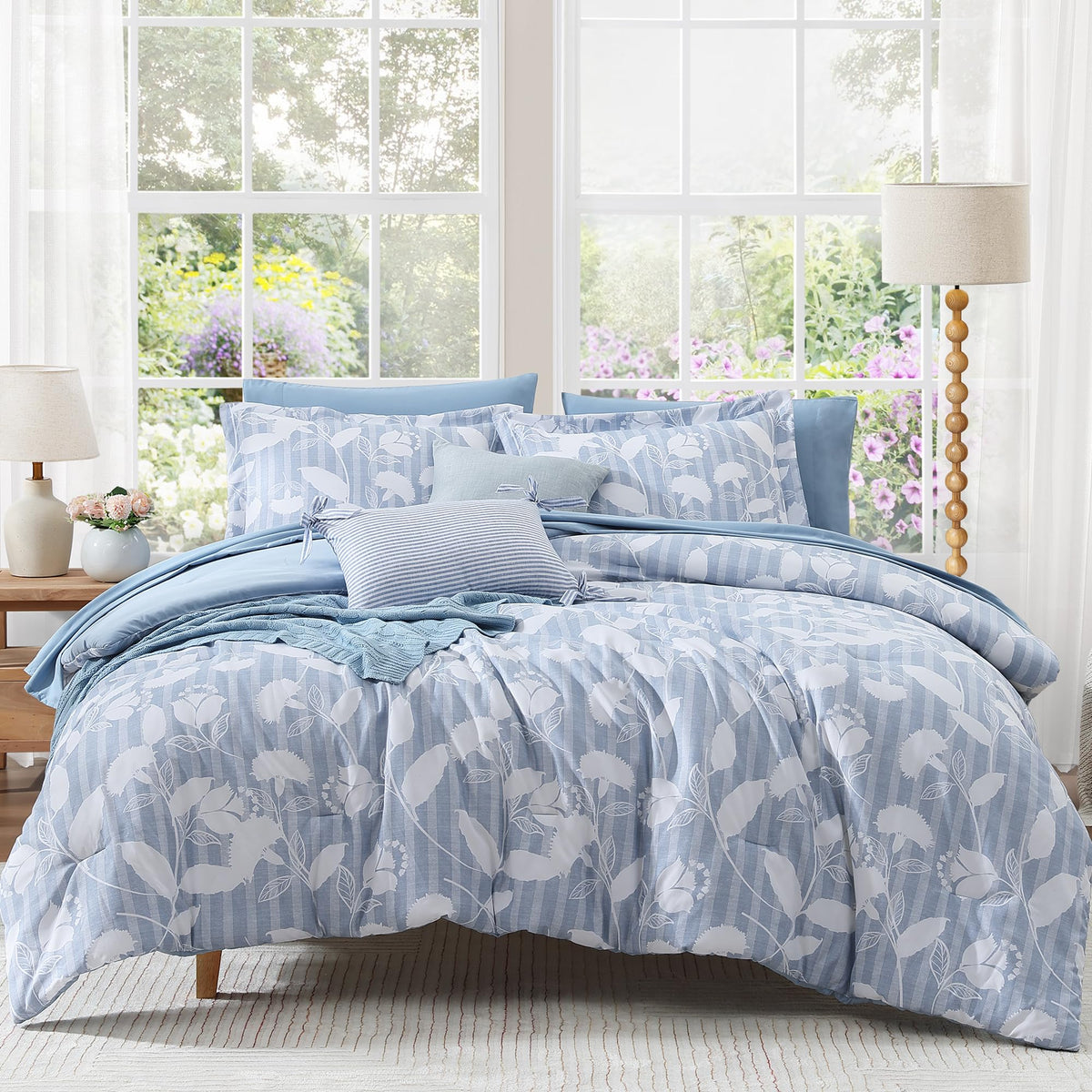 BLOOMHAVEN King Size Comforter Set-7 Pieces Blue Floral Bed in a Bag King