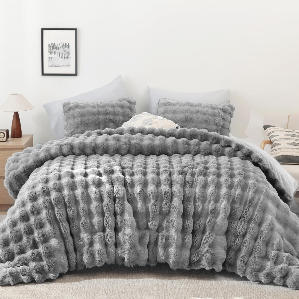YIKUSH Queen Faux Fur Soft Comforter Set, Fluffy Linen Rabbit Fur Comforter