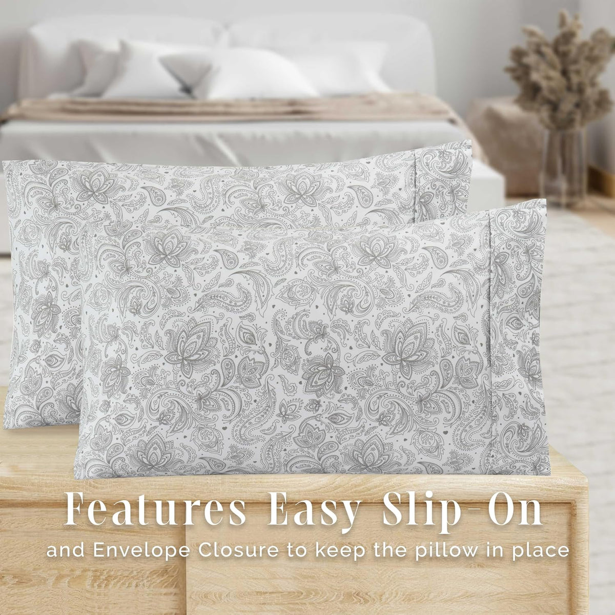 Elegant Comfort Ultra Soft Set of 2 Floral Print Pillowcases - 1500 Premium Hotel Quality Microfiber, Soft and Smooth Envelope Closure 2-Piece Pillow Covers - Standard/Queen, Paisley Gray