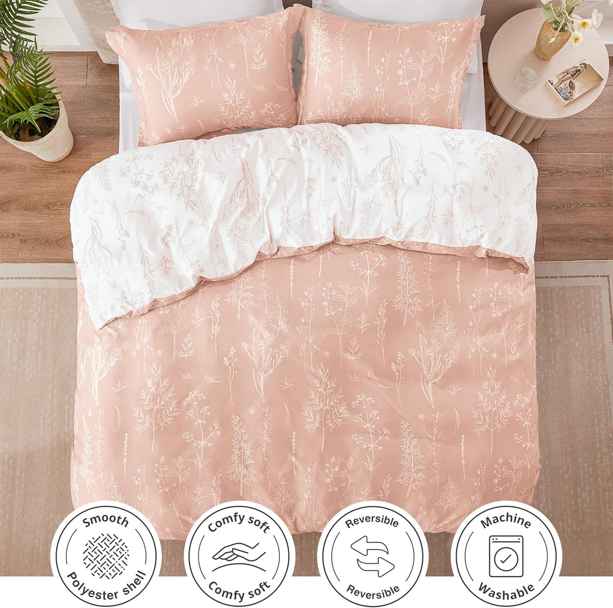 Love's cabin Floral Comforter Set Cute Bedding Full Reversible 3Pcs Pink