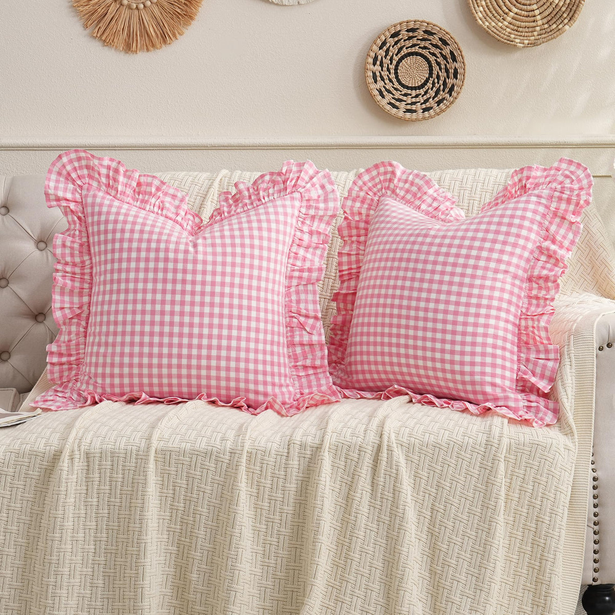 Taupe/White Plaid Ruffled Body Pillow Cover Washed Cotton 20"x54"
