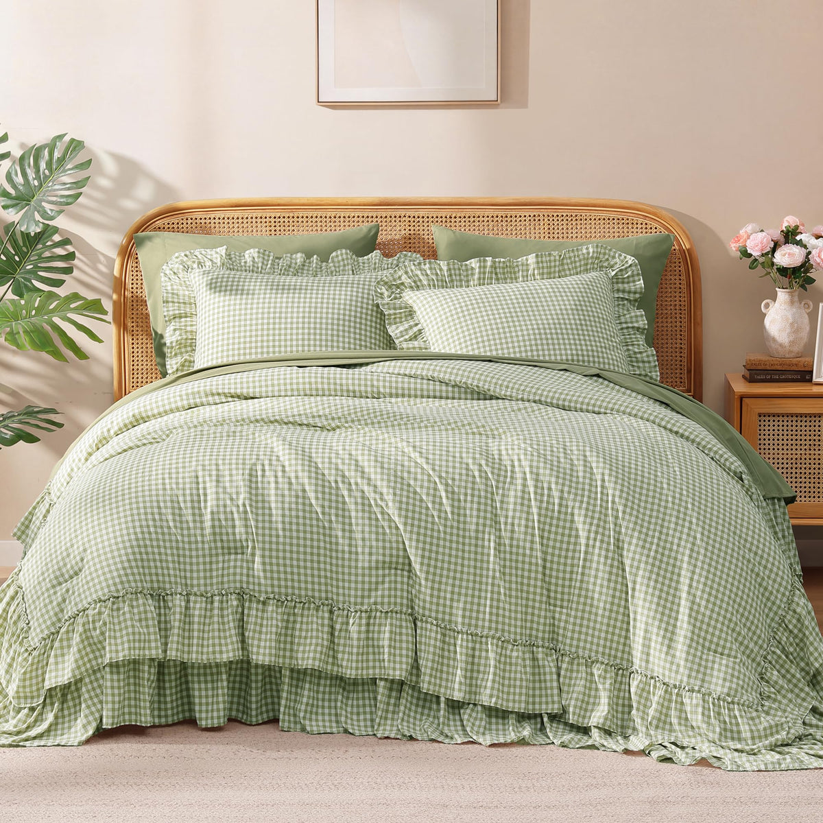 AMBERSPACE Queen Comforter Set White Ruffle 7 Pieces Farmhouse Bed in a Bag
