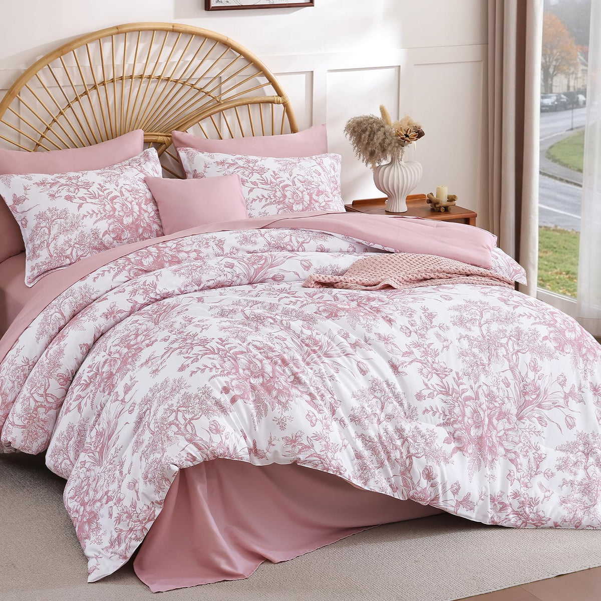 Queen Comforter Set 8 Pieces, Floral Comforter Set Blue, Bed in a Bag Queen