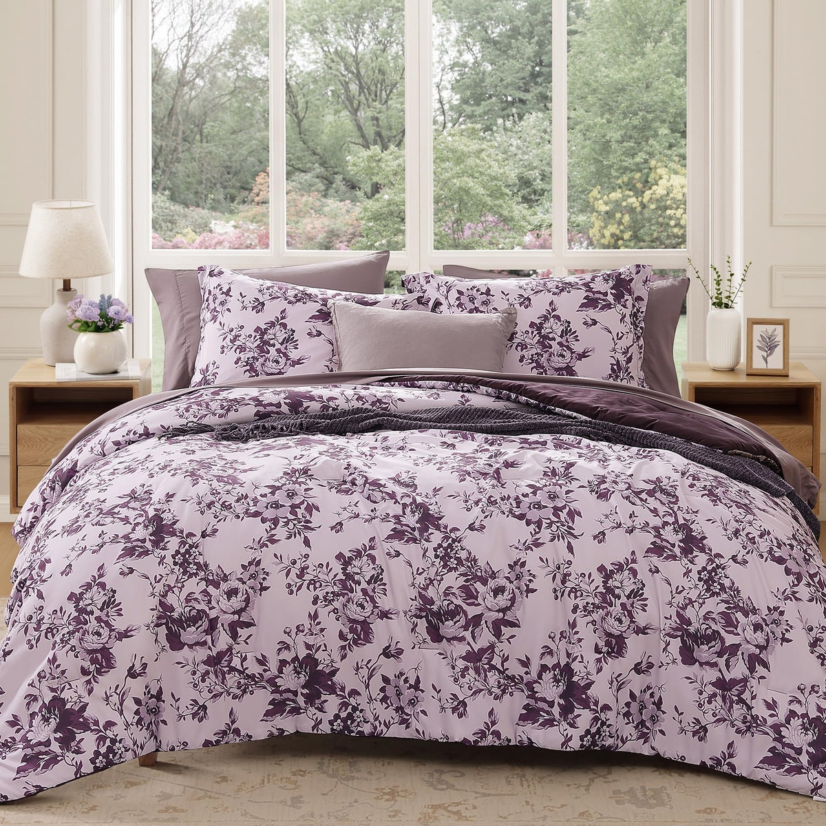 BLOOMHAVEN King Size Comforter Set-7 Pieces Blue Floral Bed in a Bag King