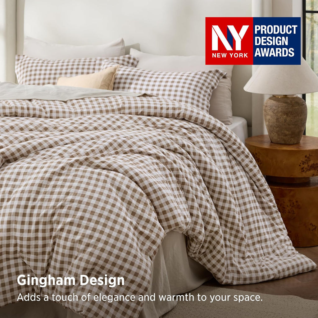Bedsure Full Comforter Set Brown Gingham, Soft Fall Bed 3 pcs 82"x86"