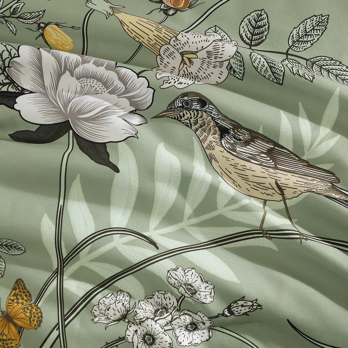 Litanika Floral Green Comforter Queen Size-7 Piece Botanical Birds Bedding