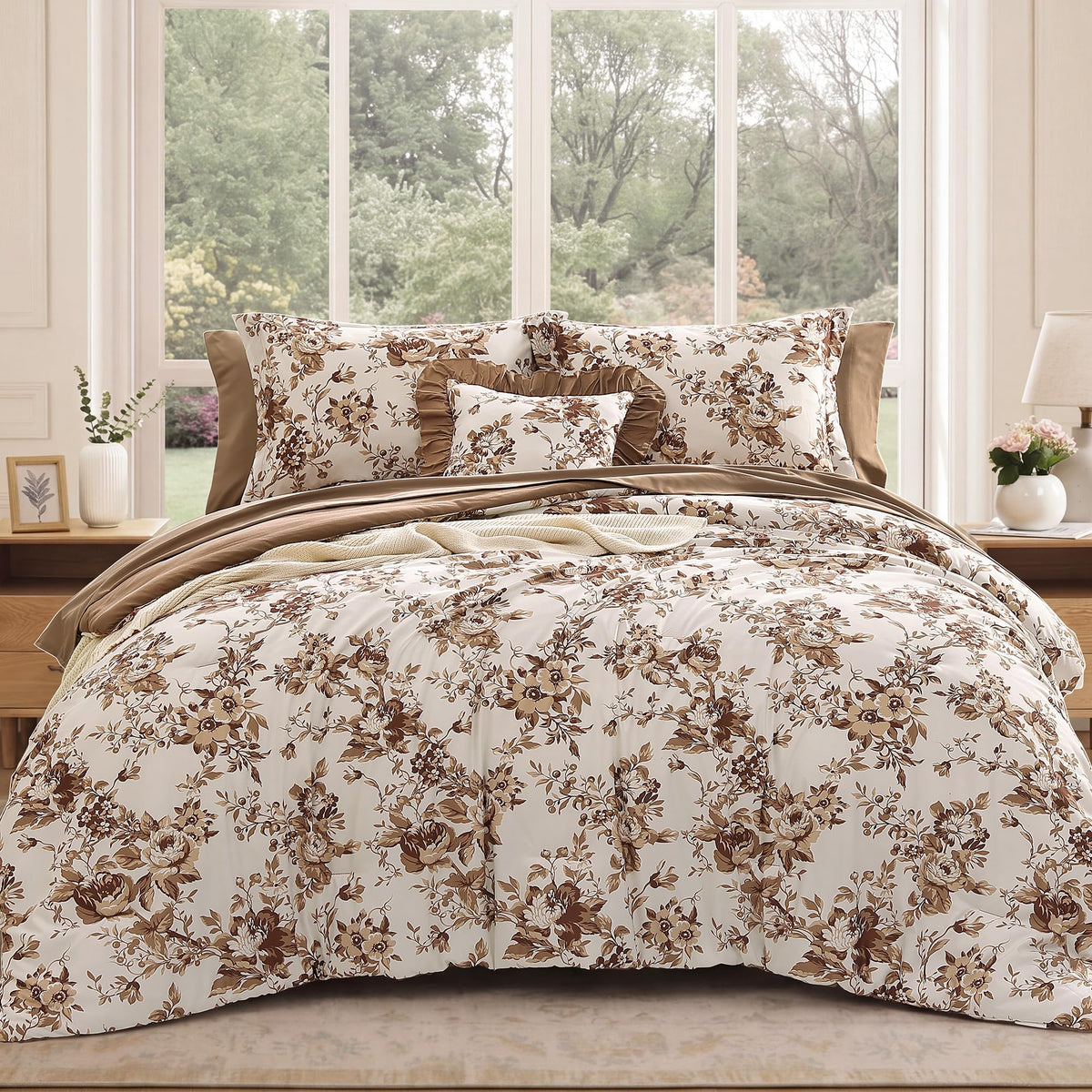 BLOOMHAVEN King Size Comforter Set-7 Pieces Blue Floral Bed in a Bag King