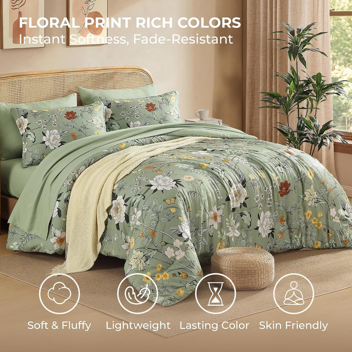 Litanika Floral Green Comforter Queen Size-7 Piece Botanical Birds Bedding