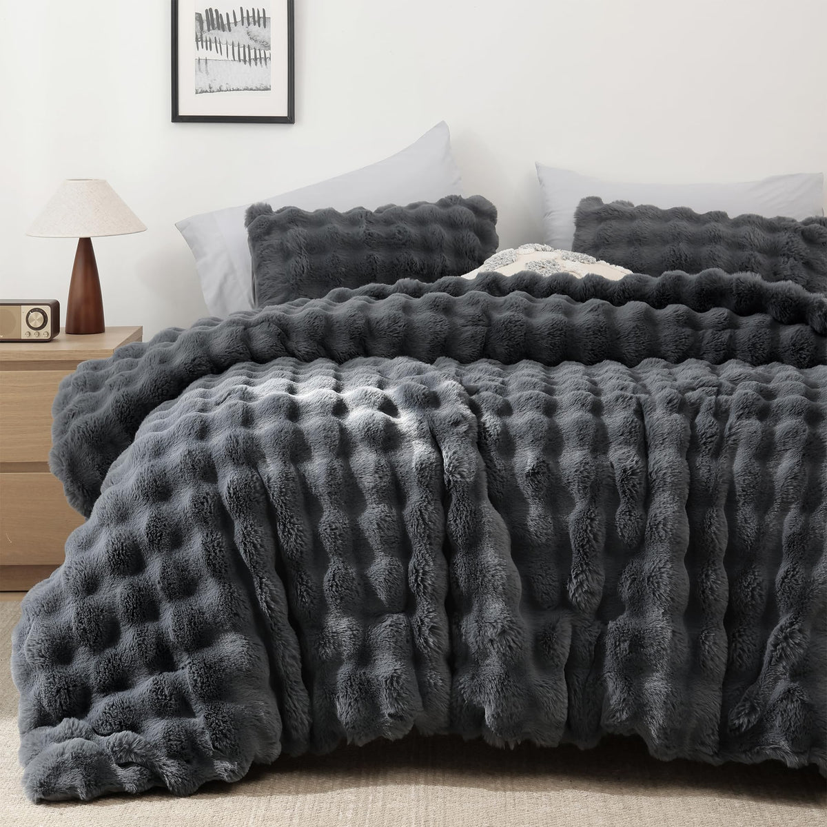 YIKUSH Queen Faux Fur Soft Comforter Set, Fluffy Linen Rabbit Fur Comforter