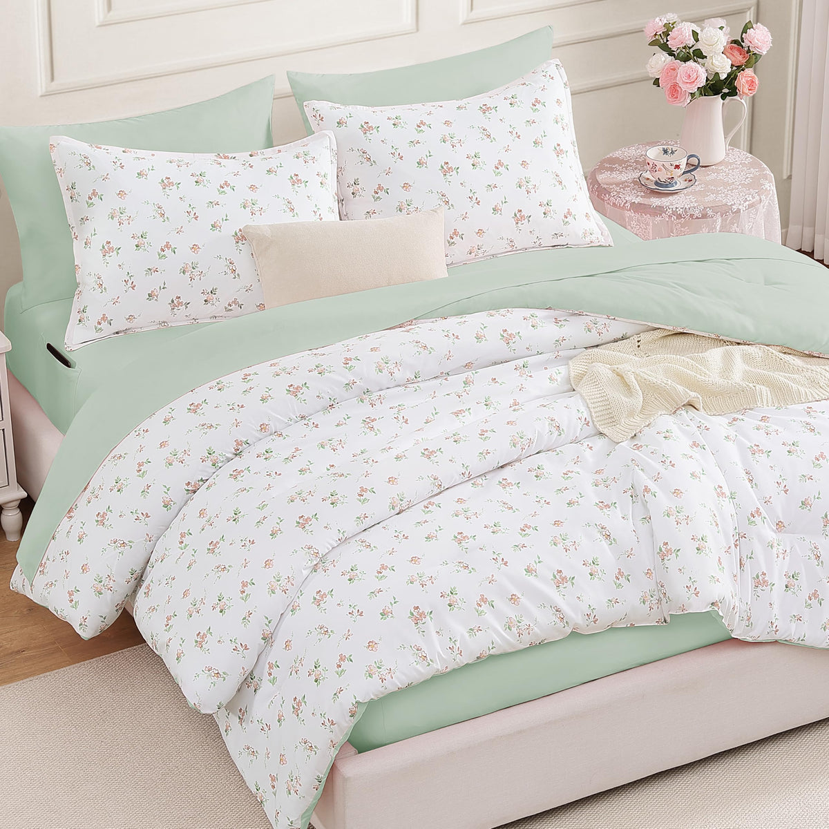 Andency Floral Full Comforter Set, 7 Pieces Cute Blue Coquette Bedding
