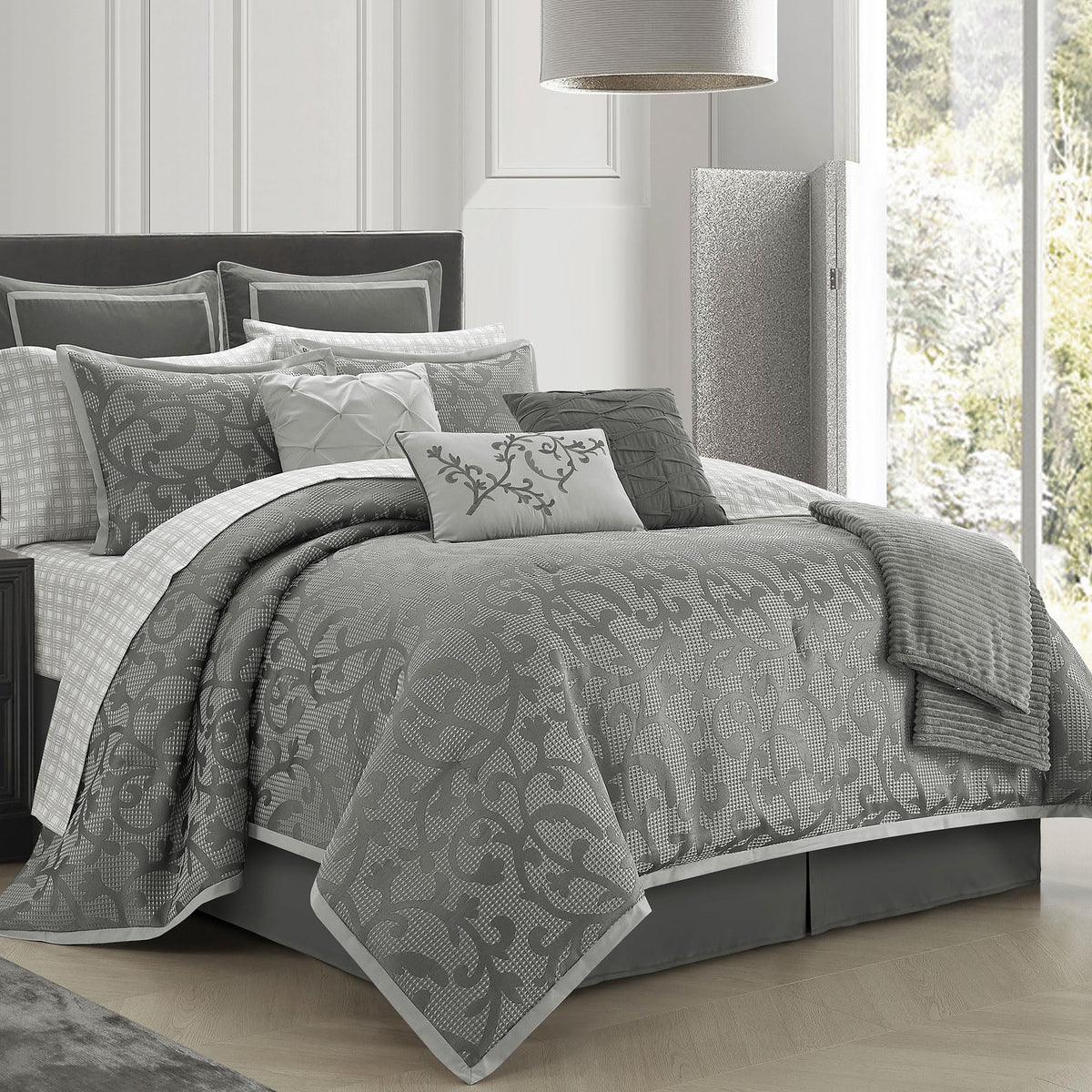 LANCO MODERN LIFESTYLE Taupe California King Comforter Set, Classic Jacquard Floral 14 Pieces Bedding Set, Ultra Soft for All Seasons, Sheets, Bedskirt, Throw,Matching Shams and Decor Pillows