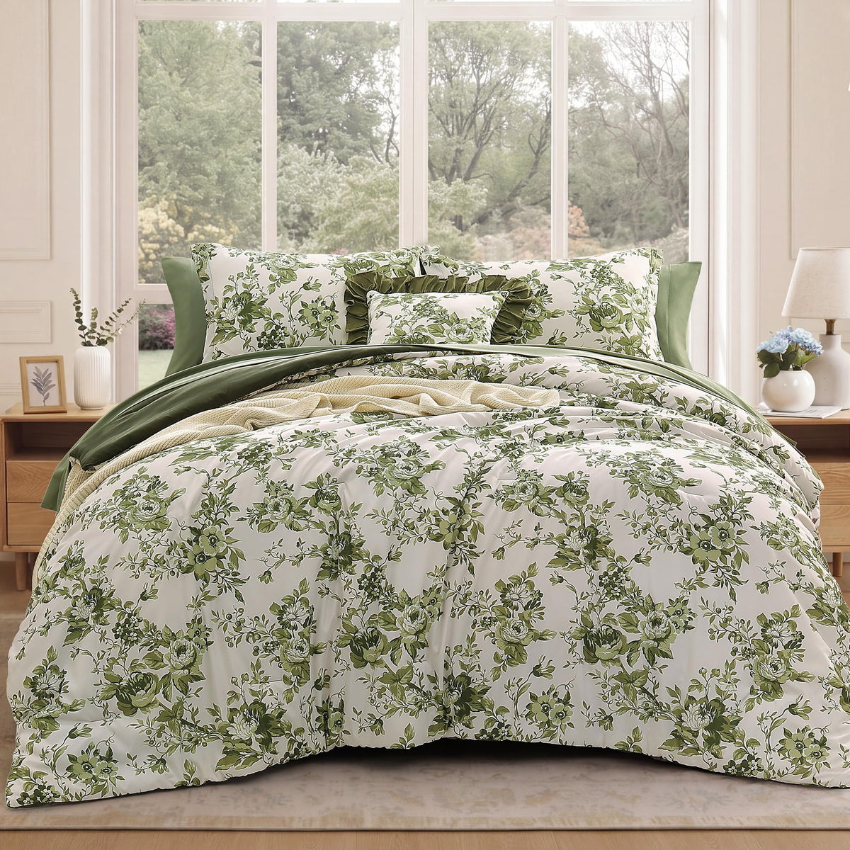 BLOOMHAVEN King Size Comforter Set-7 Pieces Blue Floral Bed in a Bag King
