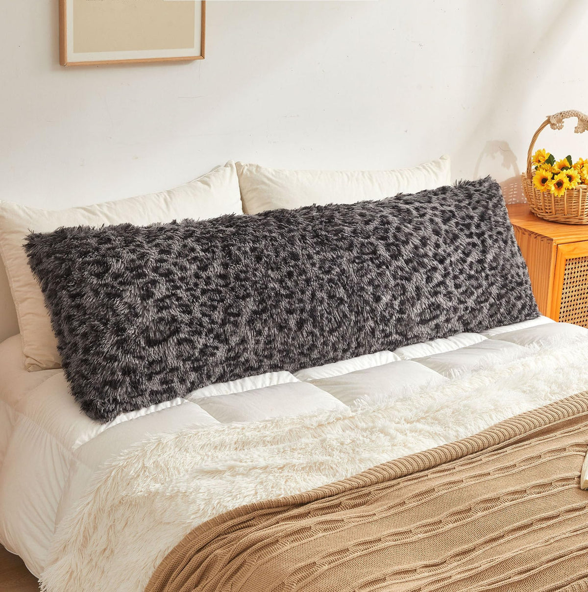 XeGe 20x54 Fluffy Faux Fur Leopard Print Body Pillow Cover, Cheetah Brown