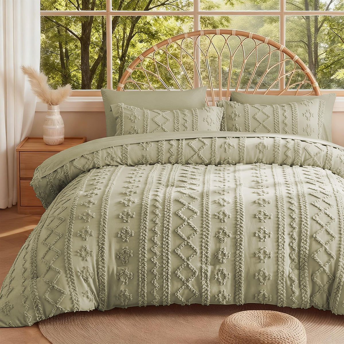 MR&HM Queen Comforter Set 7 Pieces, Fluffy Tufted Boho Beddding Set Beige