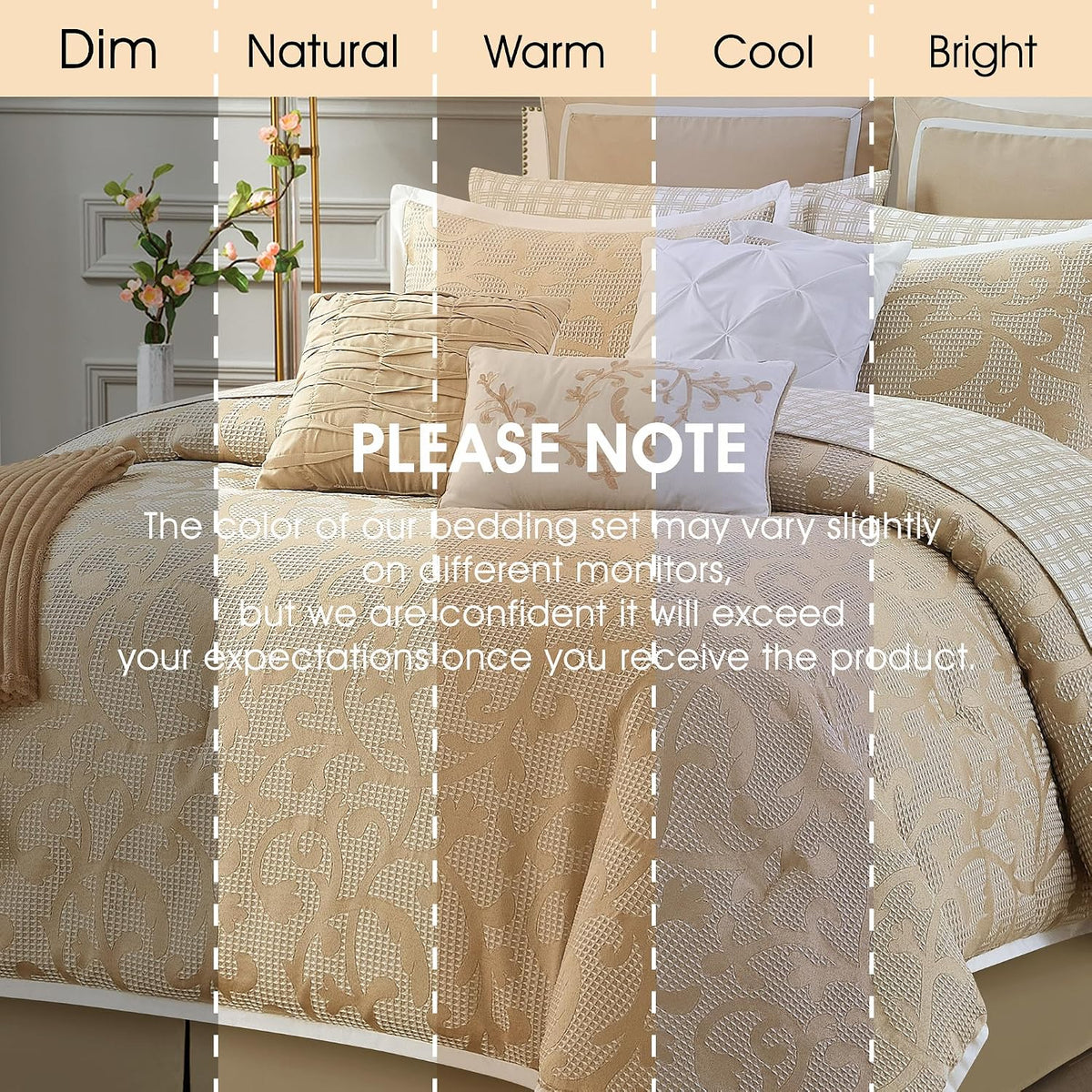 LANCO MODERN LIFESTYLE Taupe California King Comforter Set, Classic Jacquard Floral 14 Pieces Bedding Set, Ultra Soft for All Seasons, Sheets, Bedskirt, Throw,Matching Shams and Decor Pillows