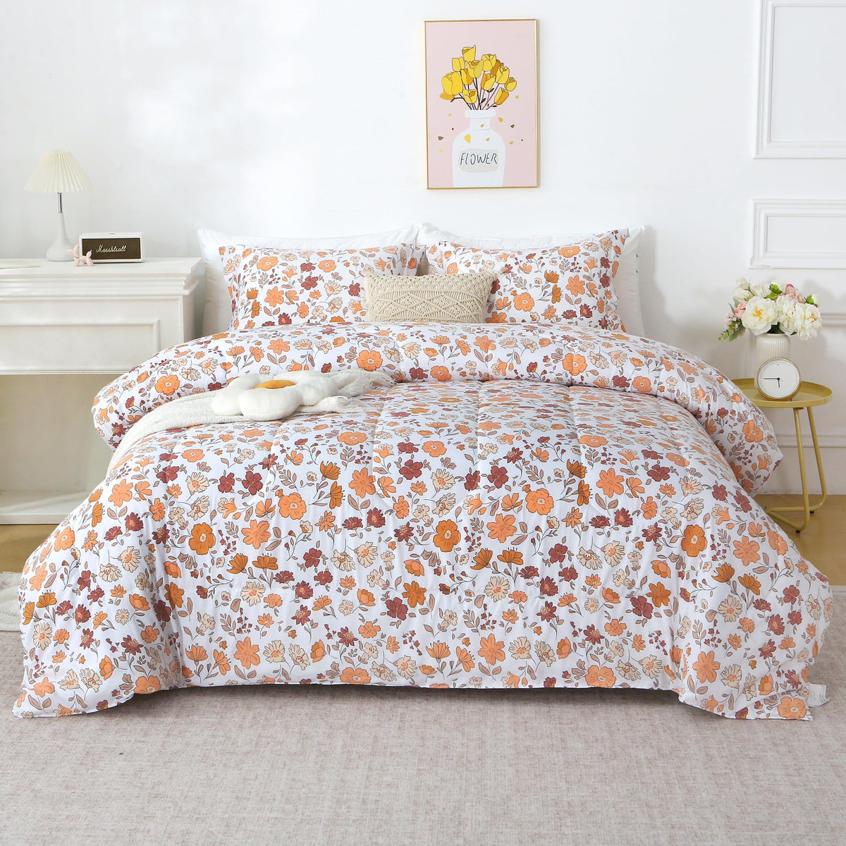 Mooreeke Floral Queen Size Comforter Sets, Lightweight Purple Lavender Botanical Printed Bedding for All Seasons, 3-Piece Vintage Bed in a Bag with Fluffy Quilted Reversible Comforter & 2 Pillow Shams