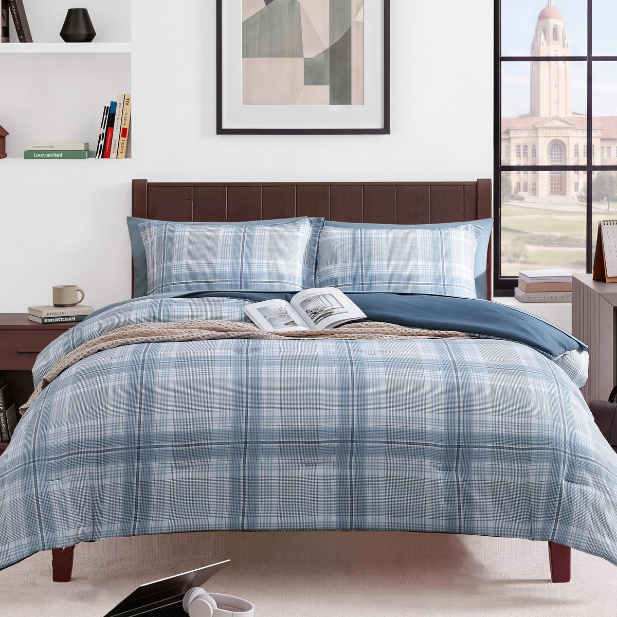 MaiRêve Plaid Queen Comforter Set Navy Blue 7 Pieces Bed in a Bag