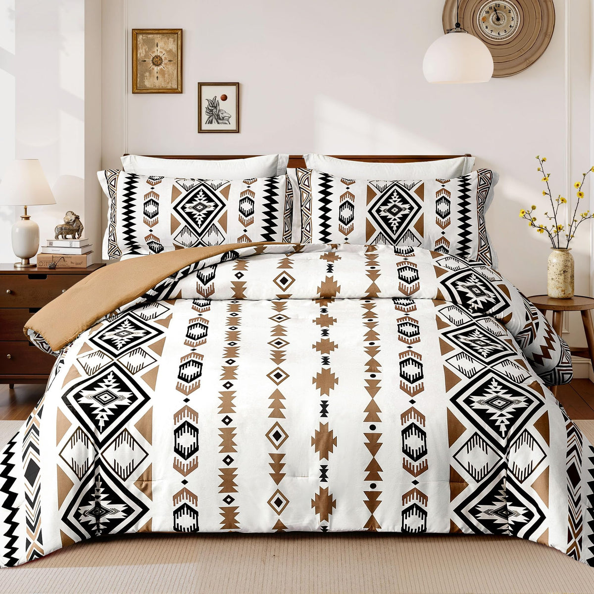 Tyrot Dark Brown King Size Comforter Set – 3 Piece Boho Aztec Western Bedding Sets, Soft Lightweight Comforter for All Seasons, Southwestern Style, 1 Comforter & 2 Pillow Shams