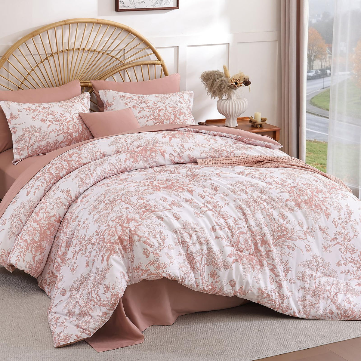 Queen Comforter Set 8 Pieces, Floral Comforter Set Blue, Bed in a Bag Queen