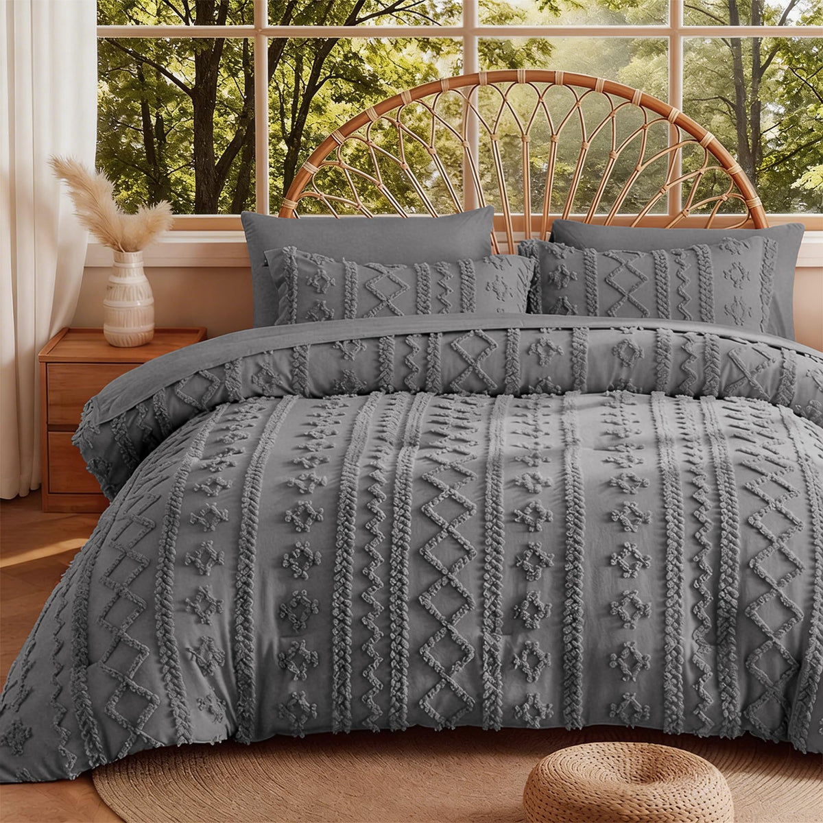 MR&HM Queen Comforter Set 7 Pieces, Fluffy Tufted Boho Beddding Set Beige
